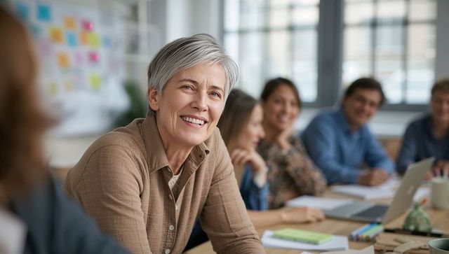 Smiling Businesswoman Leading Team Collaboration in Modern Office