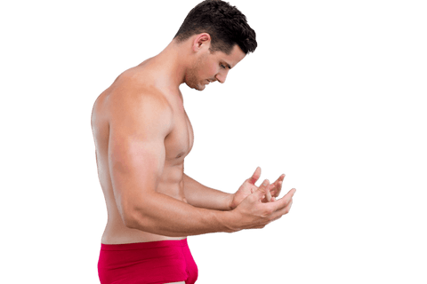 Confused Muscular Man Looks at Hands on Transparent Background