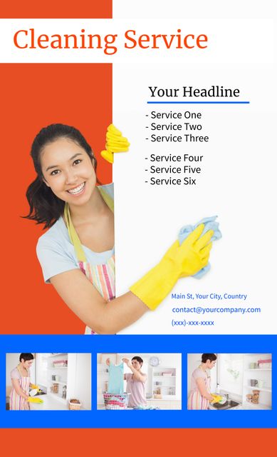 This image features a friendly, professional cleaner wearing yellow gloves, emphasizing reliable and efficient cleaning services. It is perfect for advertising residential, commercial, or office cleaning services. Use it on websites, flyers, social media, and other marketing materials to attract clients with its welcoming and professional tone.