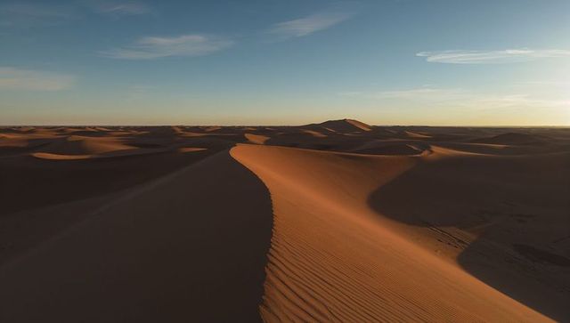 Sunset Dune Ridge Casting Rippled Shadows Across Vast Golden Sandscape