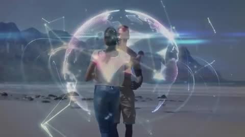 Couple Celebrating with Futuristic Global Technology Interface