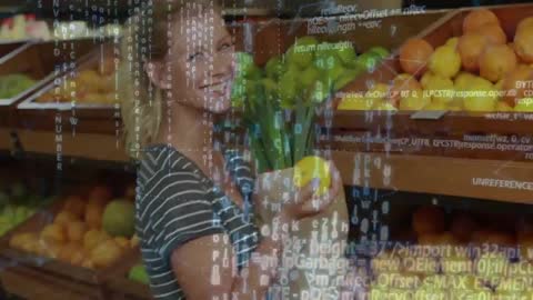Smiling Woman Buying Vegetables with Digital Data Overlay