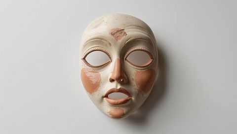 Distressed ceramic full-face mask featuring terracotta patina and hollow eyes