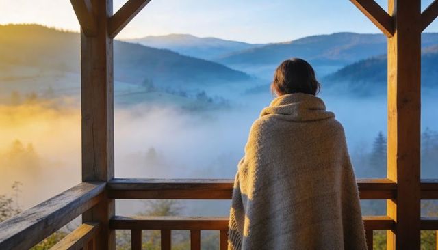 Standing woman wrapping in blanket watching misty mountain valley from wooden balcony at sunrise