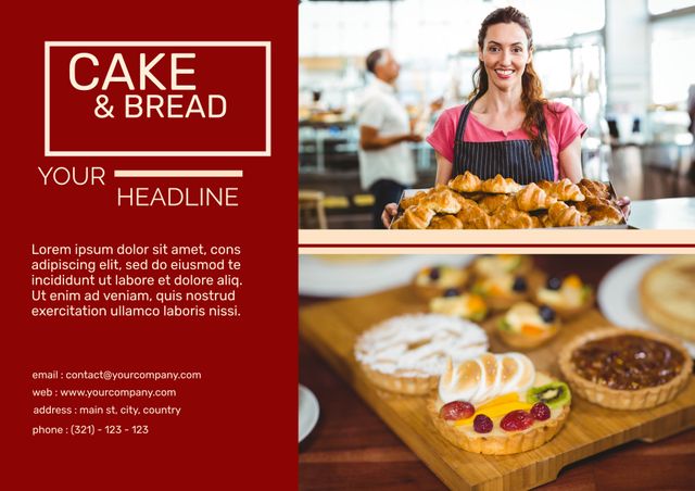 This visually appealing flyer is perfect for advertising bakery workshops or markets. Featuring a smiling baker holding fresh bread on one side and a beautiful layout of assorted pastries on the other, it offers a welcoming feel and highlights the delicious treats your bakery offers. With room for customizable contact information and headlines, this flyer can reach potential customers effectively, inviting them to indulge in the delectable offerings at your bakery event.