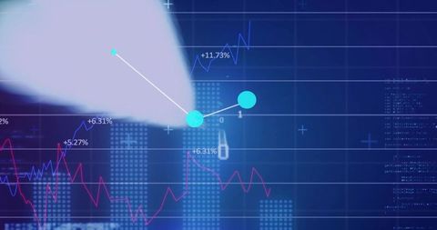Cyan node highlighting data point on digital finance dashboard with trend lines