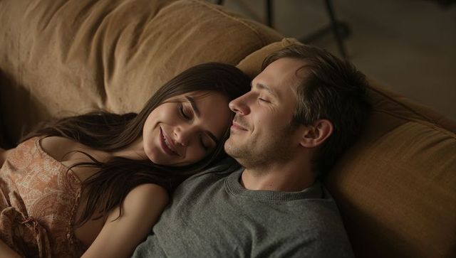 Young couple cuddling on cozy brown sofa during relaxed evening with warm ambient lighting