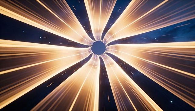 Streaming radial light beams converging into dark central portal with astral motion