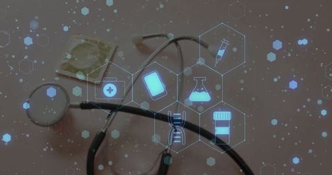 Futuristic Medical Interface with Stethoscope and Tech Icons