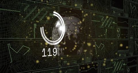 Neon green geospatial analytics hud with dotted globe and segmented data rings