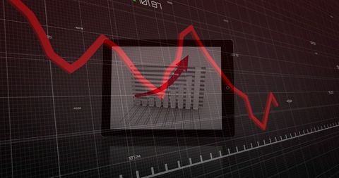 Tablet displaying 3D bar chart with red arrow and jagged trend line on dark grid