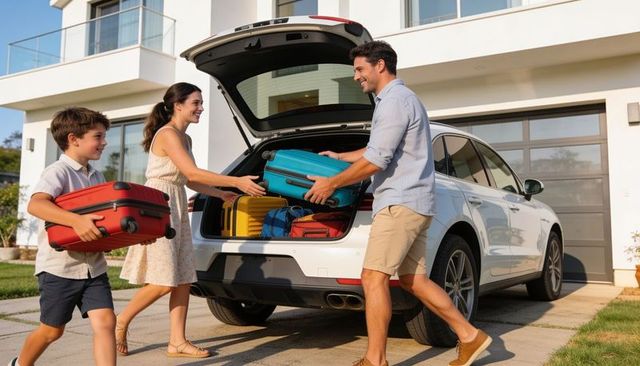 Family packing suv for summer trip in suburban driveway, parents loading colorful luggage