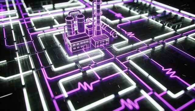 Neon Circuit Factory Powering Smart Grid: Glowing Industrial Network Concept