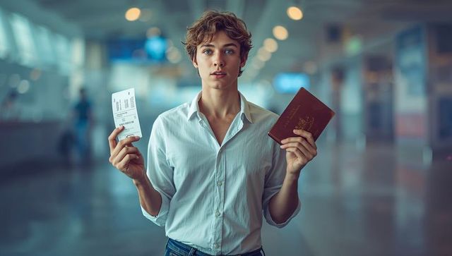 Teen traveler holding passport and boarding pass in airport terminal