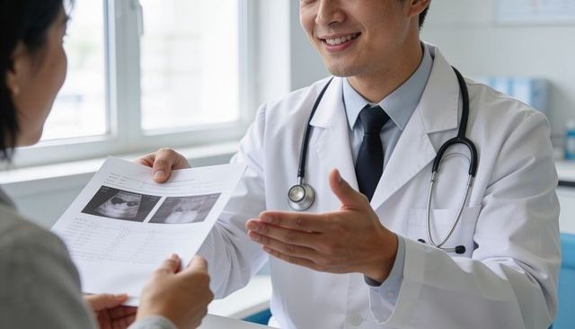 Smiling male doctor explaining ultrasound results to patient during medical consultation