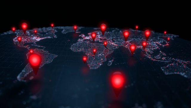 Global network map showing red location markers, digital data nodes and connected city lights