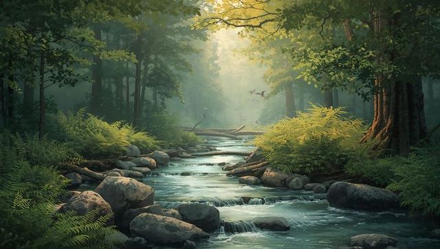 Sunlight Filtering Through Misty Forest Over Rocky Stream Flowing With Mossy Boulders