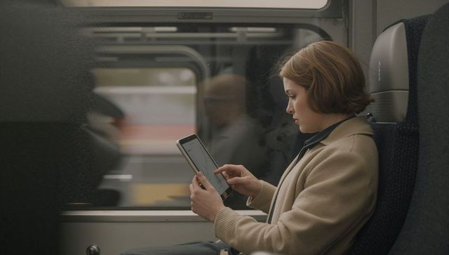 Young woman reading tablet during commuter train ride focused passenger using device