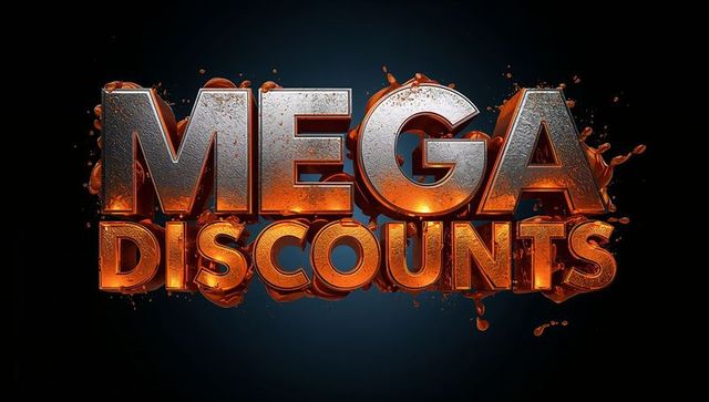 Glowing mega discounts 3d chrome text with orange liquid splash and neon bevel lighting