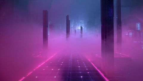 Leading neon tiled walkway stretching into foggy cyberpunk skyline with illuminated columns