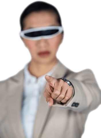 Confident Businesswoman Using Transparent Virtual Reality Glasses Pointing Forward