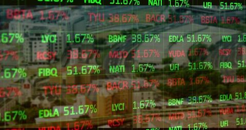 Dynamic stock market ticker overlay showing green-red percentage fluctuations over city