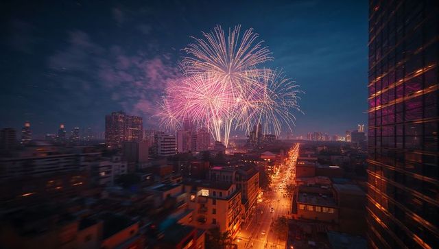 Fireworks Burst Over Dusk Cityscape with Illuminated Streets