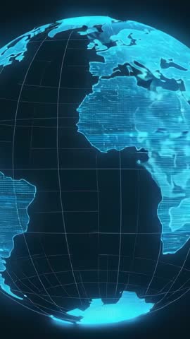 Vertical holographic globe rotating with blue grid continents for futuristic data visualization