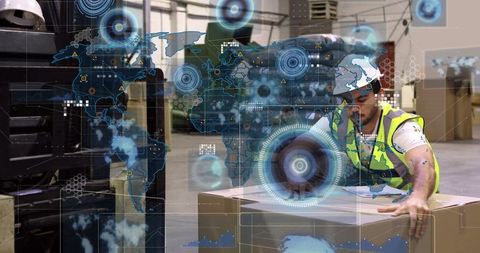 Warehouse worker managing logistics with augmented reality