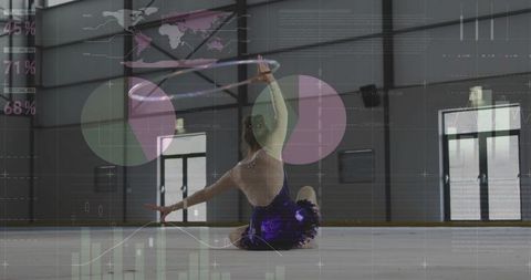 Teen rhythmic gymnast sitting holding hoop aloft wearing purple leotard with data overlays