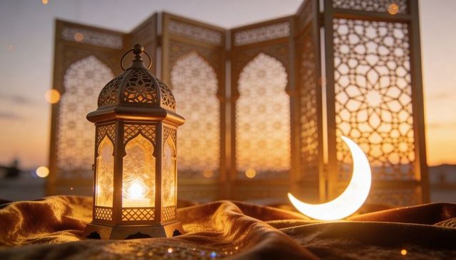 Golden filigree lantern and illuminated crescent at sunset casting geometric patterns on satin