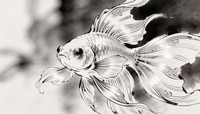 Ornamental veiltail goldfish ink-wash illustration with filigree fins and subtle sparkle