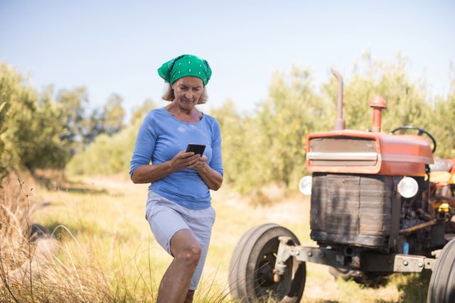 Senior woman standing in olive farm using mobile phone on a sunny day. She is wearing a green headscarf, blue shirt, and white shorts, with a tractor in the background. This image can be used for themes related to agriculture, rural lifestyle, technology in farming, senior citizens, and outdoor activities.
