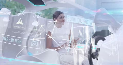 Futuristic smart car interface with businesswoman relaxing