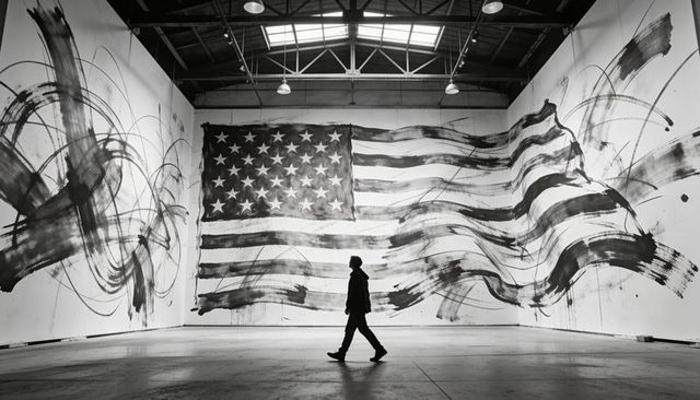 Walking silhouette in industrial gallery before giant painted american flag mural