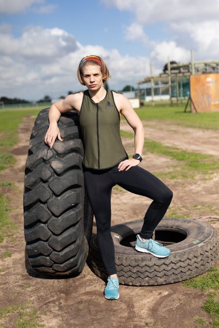 Portrait of a Caucasian woman wearing sports clothes at an outdoor gym standing with one foot on a tyre and leaning on a tractor tyre, and looking to camera before a bootcamp training session