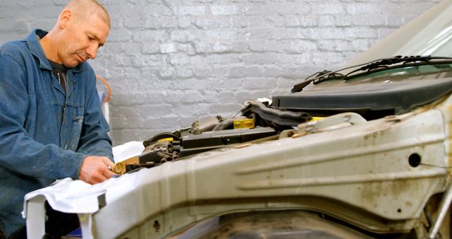 Mechanic Fixing Engine Compartment of Car in Workshop - Download Free Stock Images Pikwizard.com