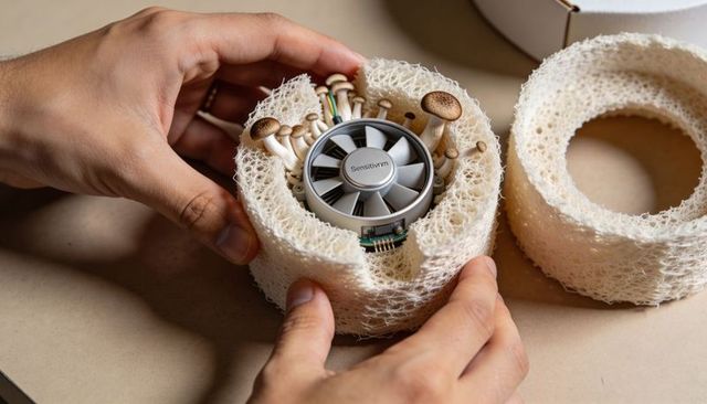 Hands assembling radial cooling fan into loofah ring with mushrooms and electronics prototype