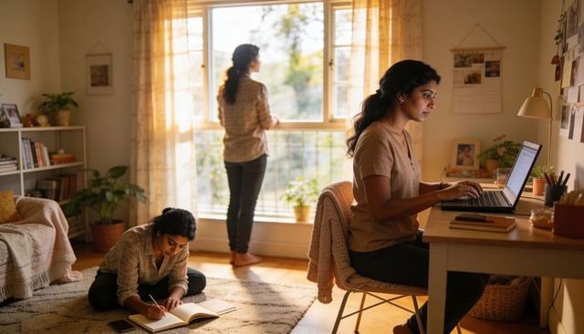 Woman typing on laptop while roommate writing in notebook and another looking out window
