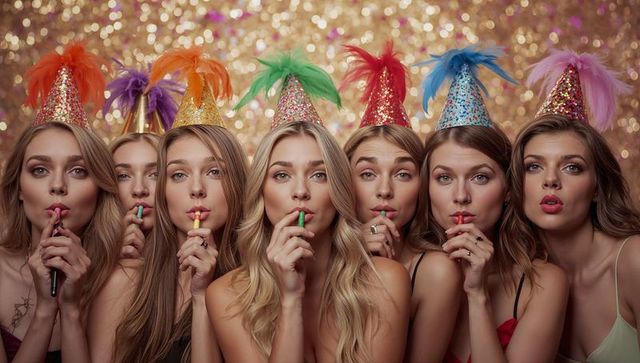 Glamorous party celebration with women in stylish hats