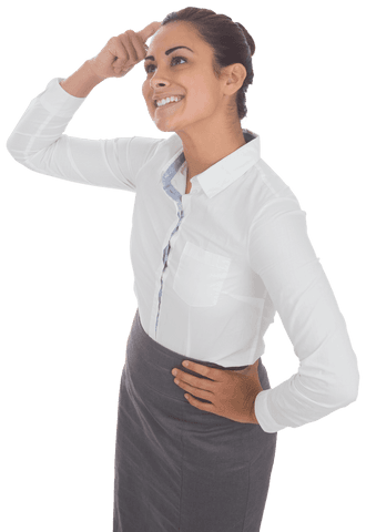 Smiling Businesswoman on Transparent Background, Hand on Head