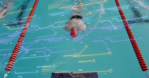 Competitive swimmer powering breaststroke with digital performance overlay and lane ropes