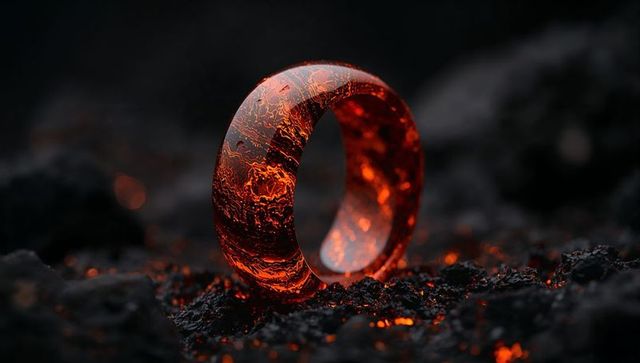 Molten ring radiating light over volcanic rocks