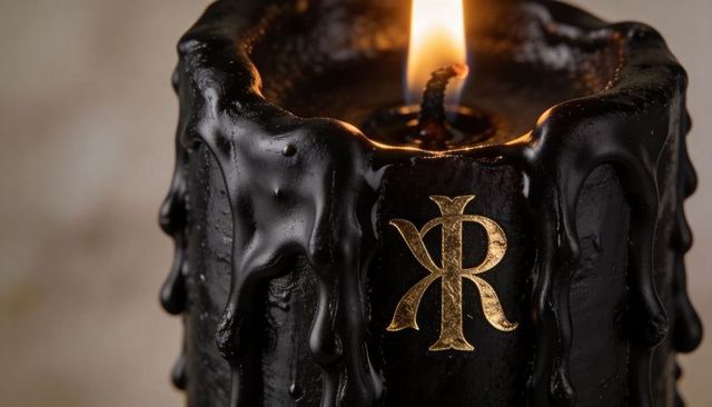 Burning black pillar candle with gold monogram and dripping wax texture, close detail