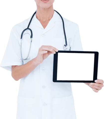 Transparent Female Doctor Presenting Digital Tablet