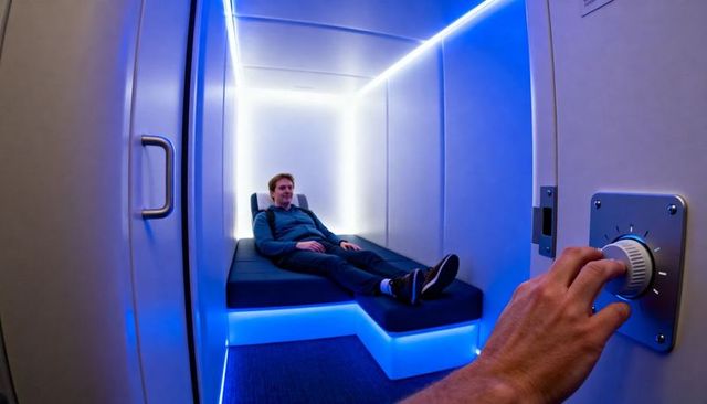 Traveler relaxing in futuristic sleep pod with blue led lighting and adjustable control dial