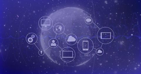 Dotted Globe with Technology Icons Symbolizing Global Connectivity
