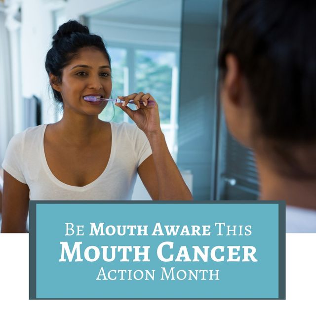 Digital composite image of biracial young woman brushing teeth with mouth cancer action month text. Oral health, healthcare, raise awareness, early detection and prevention.