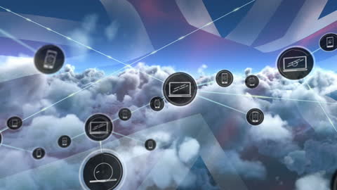 Digital Network Icons on British Flag Background with Clouds