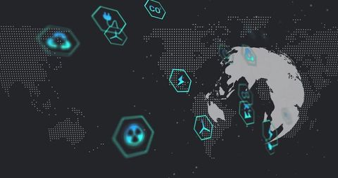 Futuristic global technology interface with hexagon icons